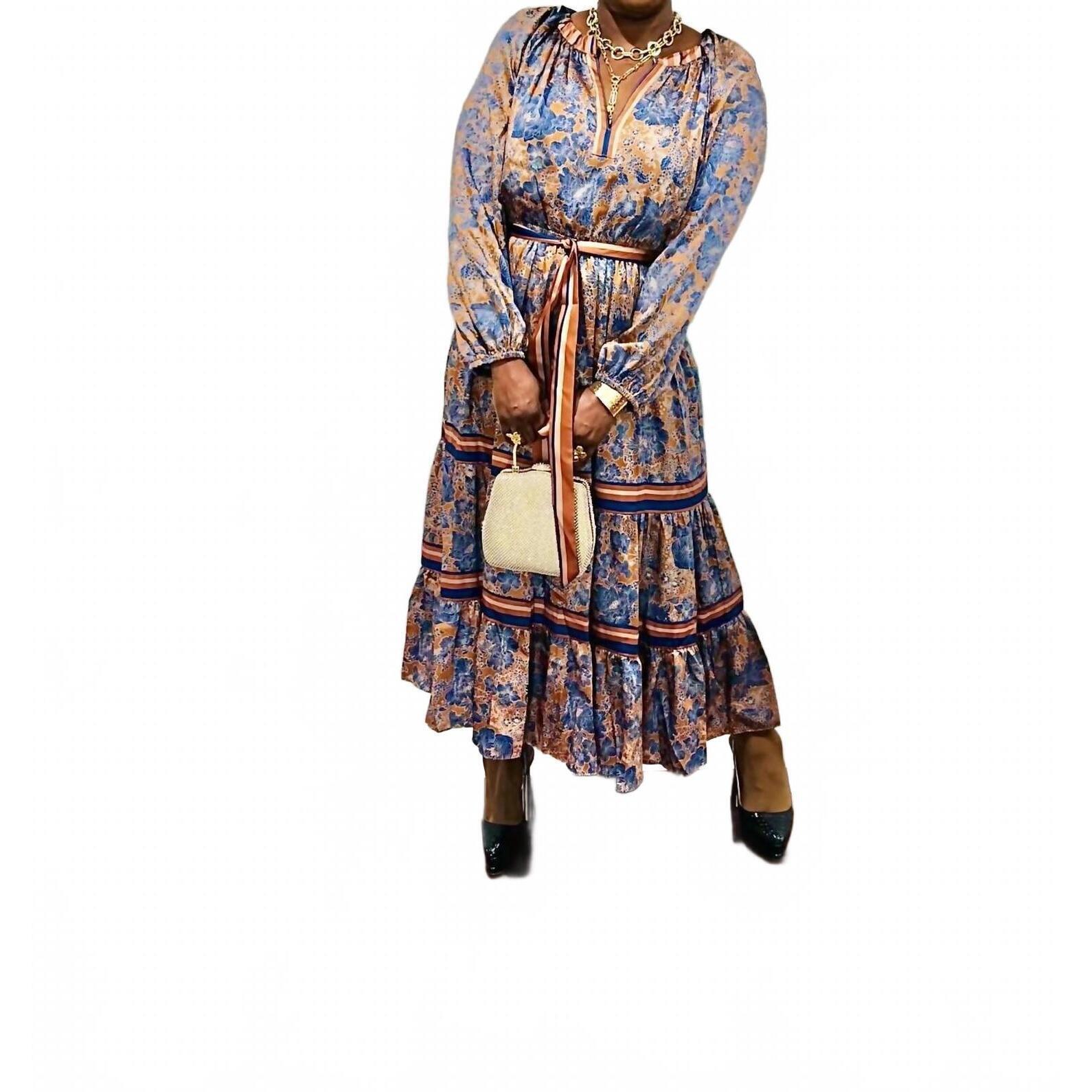 New Current Air Split Vneck A Line Floral Print Dress In Brown Multi
